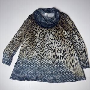 Jess & Jane Women Size M Tunic Top Cowl Neck 3/4 Sleeve Animal Print Artsy